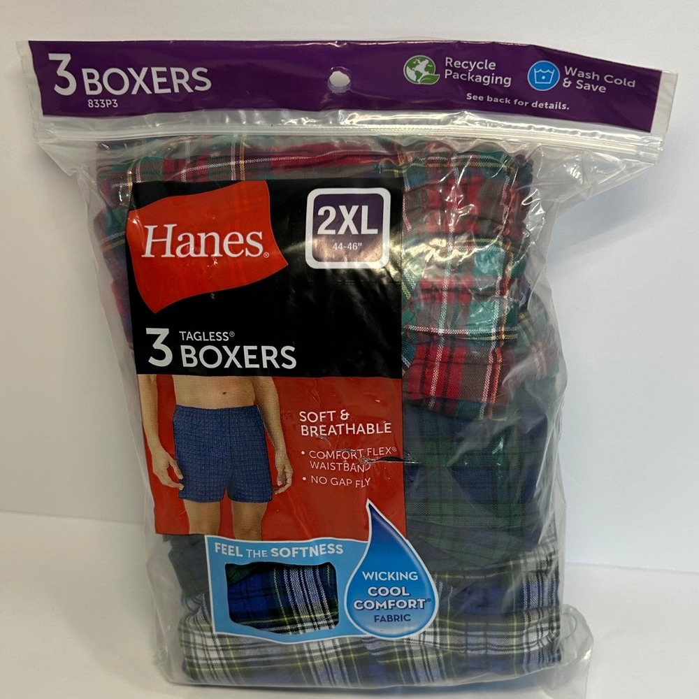 Hanes Mens Tagless Boxers 3-Pack Size 2XL 44-46 Plaid Wicking Cool Comfort New